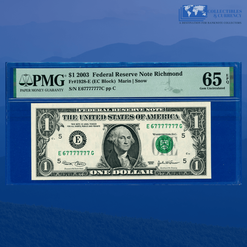 2003 FRN $1 Rare Fancy Near Solid Serial Number 67777777, PMG 65 EPQ