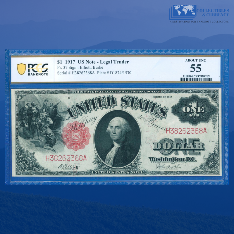 Fr.37 1917 $1 One Dollar "SAWHORSE REVERSE" Legal Tender Note, PCGS 55