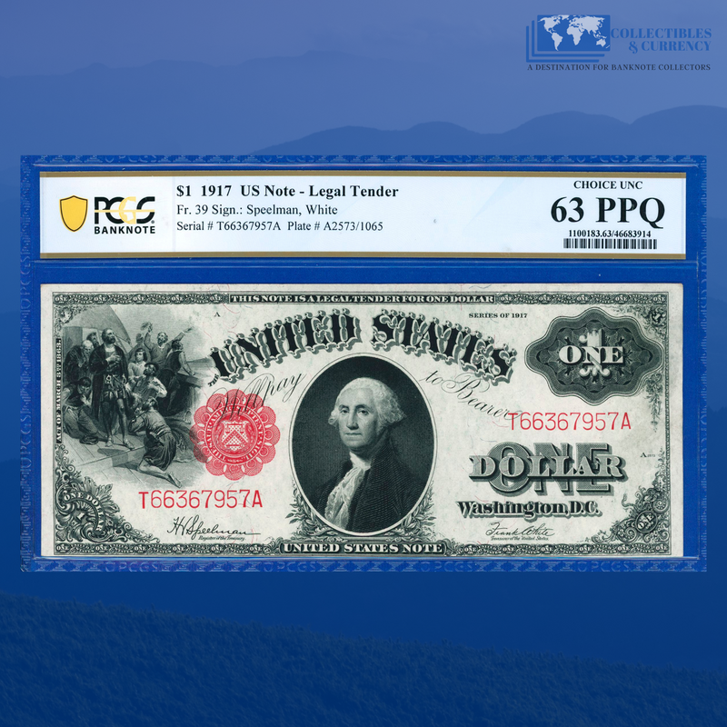 Fr.39 1917 $1 One Dollar "SAWHORSE REVERSE" Legal Tender Note, PCGS 63 PPQ