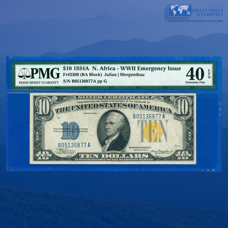 Fr.2309 1934A $10 Silver Certificate Yellow Seal "North Africa", PMG 40 EPQ
