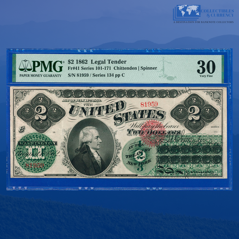 Fr.41 1862 $2 Two Dollars Legal Tender Note, Decent Shape, PMG 30