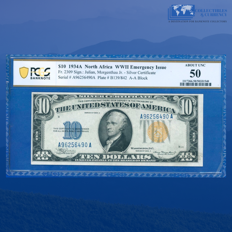 Fr.2309 1934A $10 Silver Certificate Yellow Seal "North Africa", PCGS 50