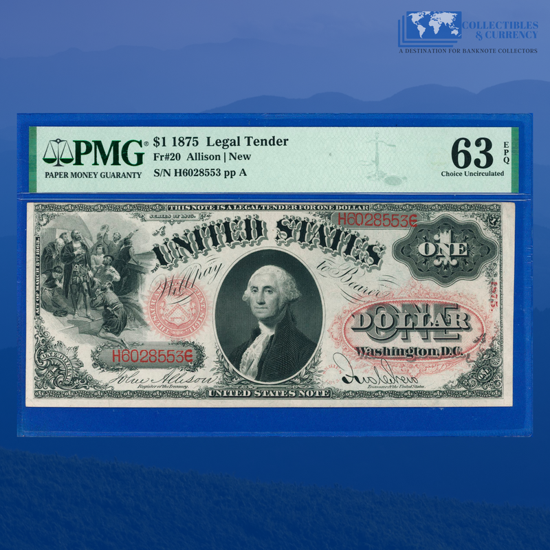 Fr.20 1875 $1 One Dollar Legal Tender Note, Flaming Red Seal, PMG CU 63 EPQ