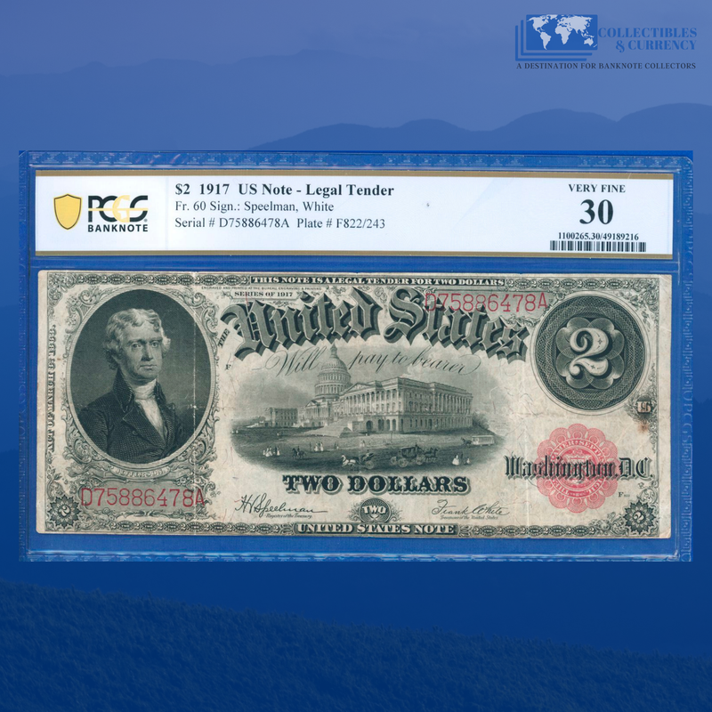 Fr.60 1917 $2 Two Dollars "BRACELET REVERSE" Legal Tender Note, PCGS 30