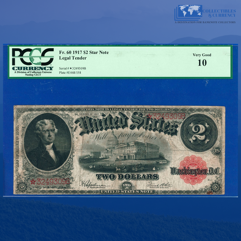 Fr.60* 1917 $2 Two Dollars "BRACELET REVERSE" Legal Tender Star Note, PCGS 10