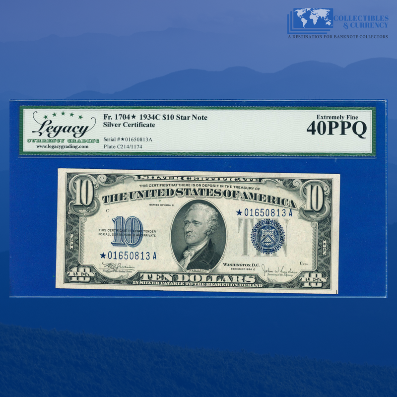 Fr.1704* 1934C $10 Ten Dollars Silver Certificate, Star Note, LCG 40 PPQ