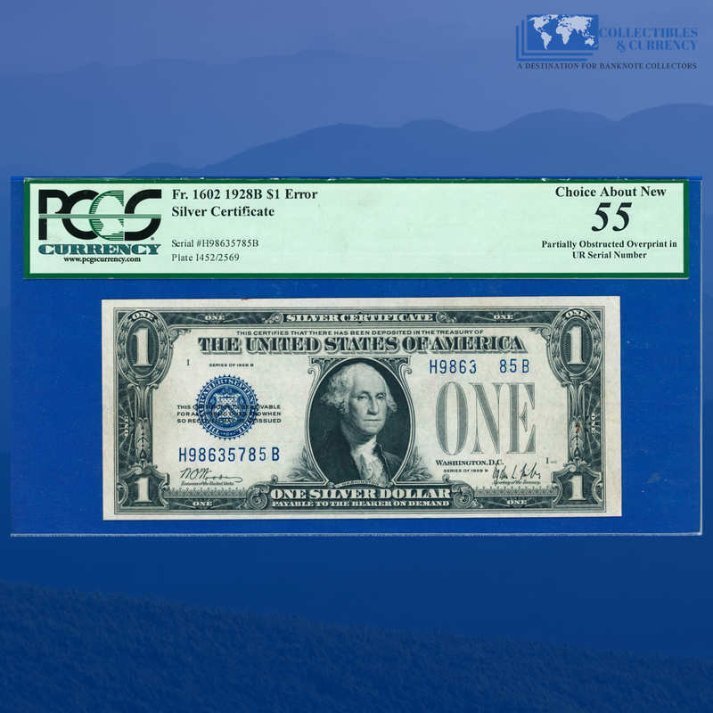 1928B $1 Silver Certificate, OBSTRUCTED PRINTING ERROR, PCGS 55 Comment