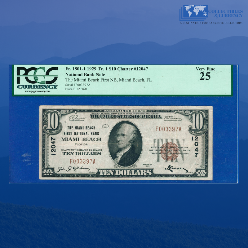 Fr.1801-1 1929 $10 First National Bank Of MIAMI BEACH, FL, Charter