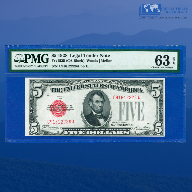 Fr.1525 1928 $5 Five Dollars Legal Tender Note, PMG 63 EPQ