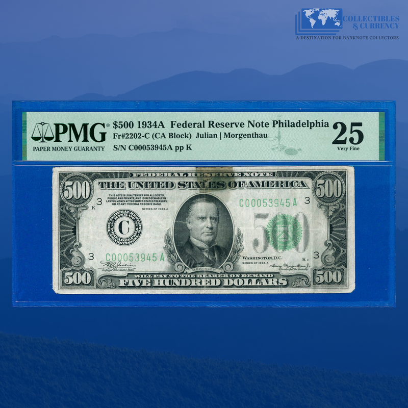 Fr.2202-B 1934A $500 Five Hundred Dollars FRN Philadelphia, PMG 25 Comment