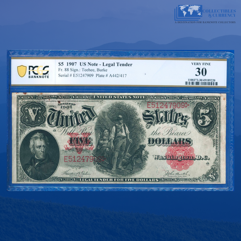 Fr.88 1907 $5 Five Dollars "WOODCHOPPER" Legal Tender Note, PCGS 30 Comment