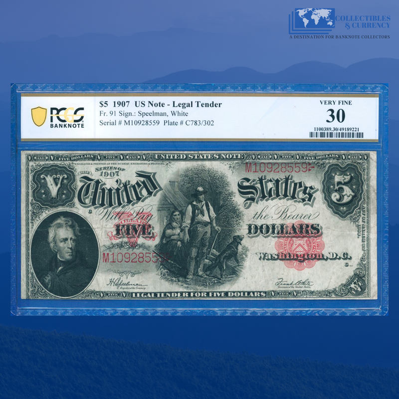 Fr.91 1907 $5 Five Dollars "WOODCHOPPER" Legal Tender Note, PCGS 30