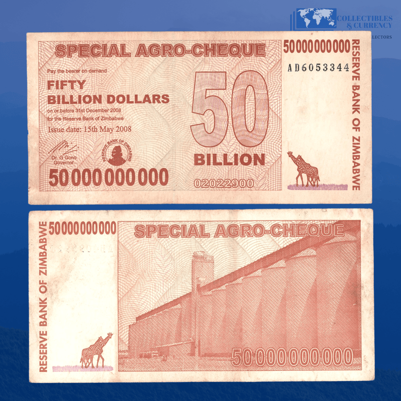 Zimbabwe Banknotes / Circulated 50 Billion Zimbabwe Dollars Special Agro Cheque 2008 | P-63