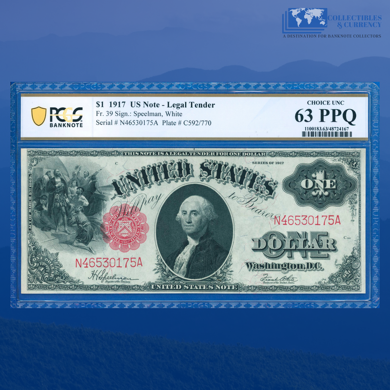 Fr.39 1917 $1 One Dollar "SAWHORSE REVERSE" Legal Tender Note, PCGS 63 PPQ