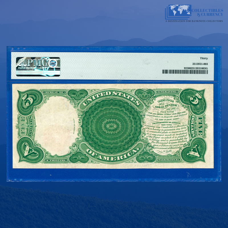 Fr.91 1907 $5 Five Dollars "WOODCHOPPER" Legal Tender Note PCBLIC ERROR, PMG 30