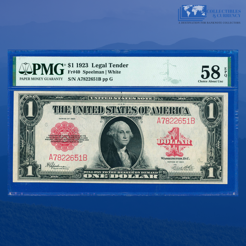 Fr.40 1923 $1 One Dollar "HORSEBLANKET" Legal Tender Note, PMG 58 EPQ