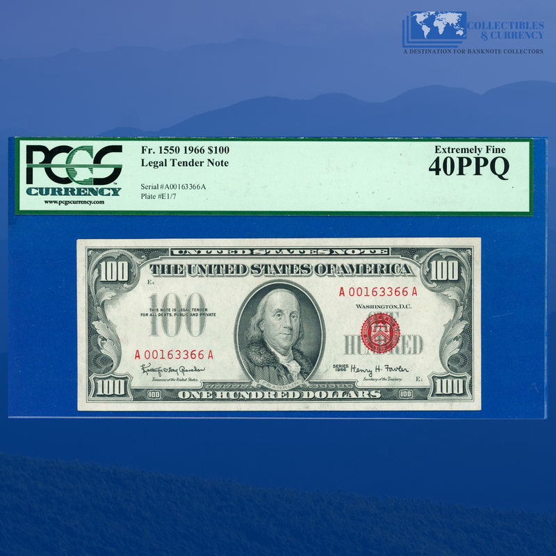 Fr.1550 1966 $100 One Hundred Dollars Legal Tender Note, PCGS 40 PPQ