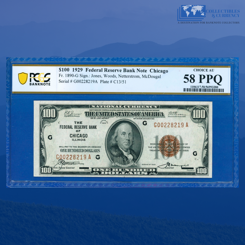 Fr.1890-G 1929 $100 One Hundred Dollars FRBN Chicago, PCGS 58 PPQ