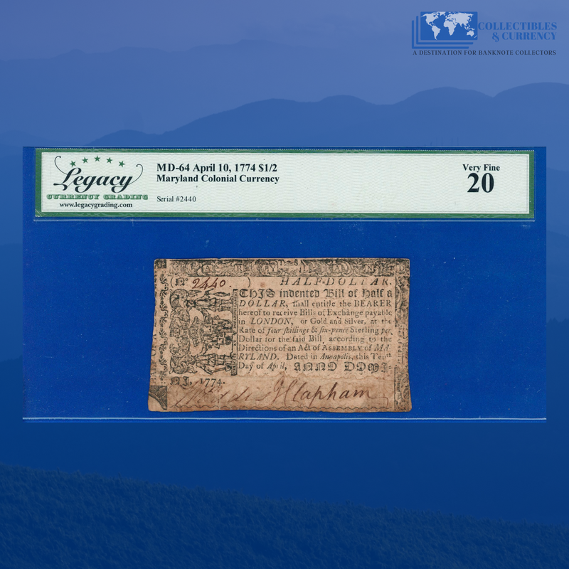 MD-64 Marryland Colonial Currency April 10, 1774 $1/2, Legacy 20