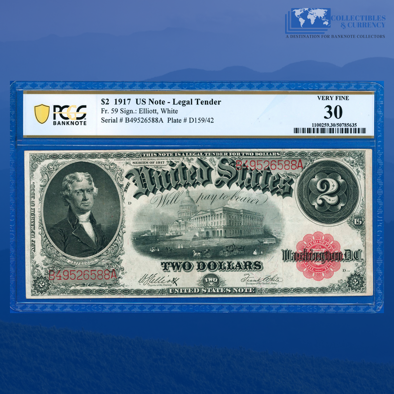 Fr.59 1917 $2 Two Dollars "BRACELET REVERSE" Legal Tender Note, PCGS 30