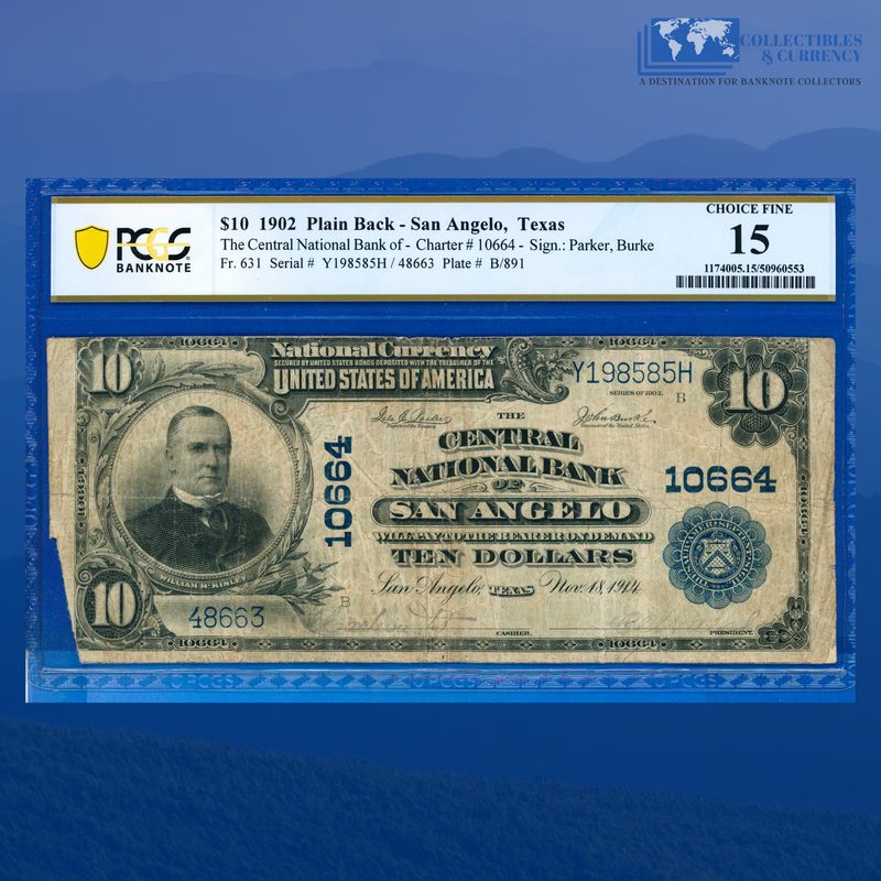 1902 PB $10 Central National Bank Of SAN ANGELO, TX, Charter