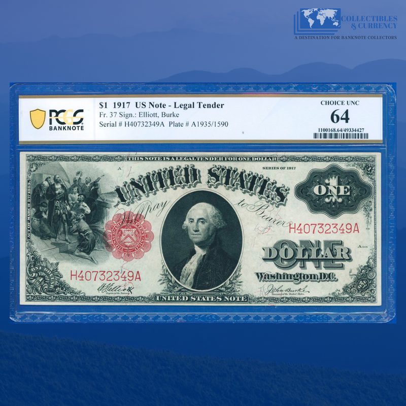 Fr.37 1917 $1 One Dollar "SAWHORSE REVERSE" Legal Tender Note, PCGS 64