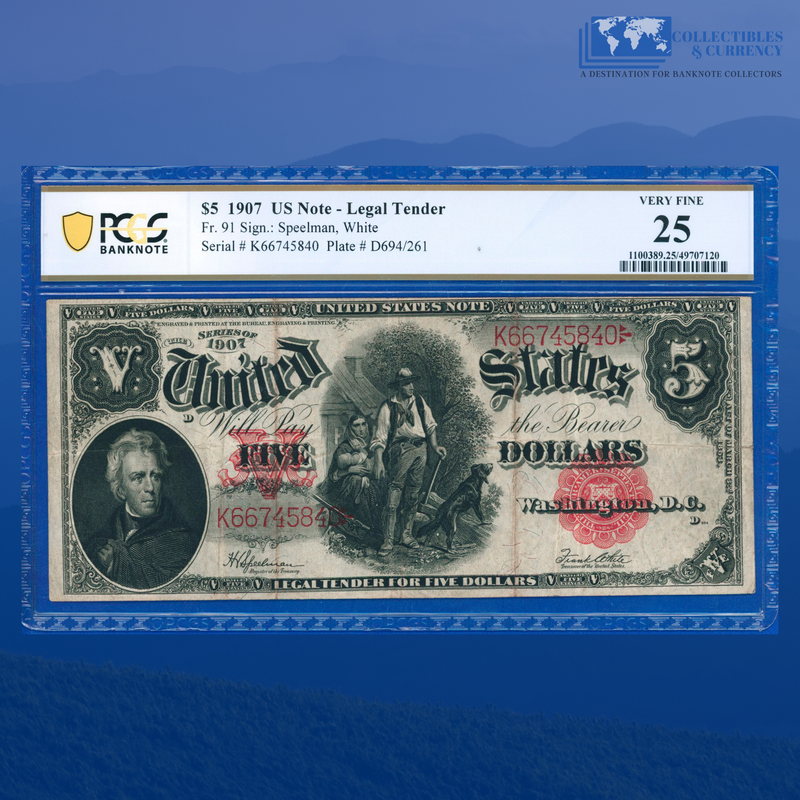 Fr.91 1907 $5 Five Dollars "WOODCHOPPER" Legal Tender Note, PCGS 25