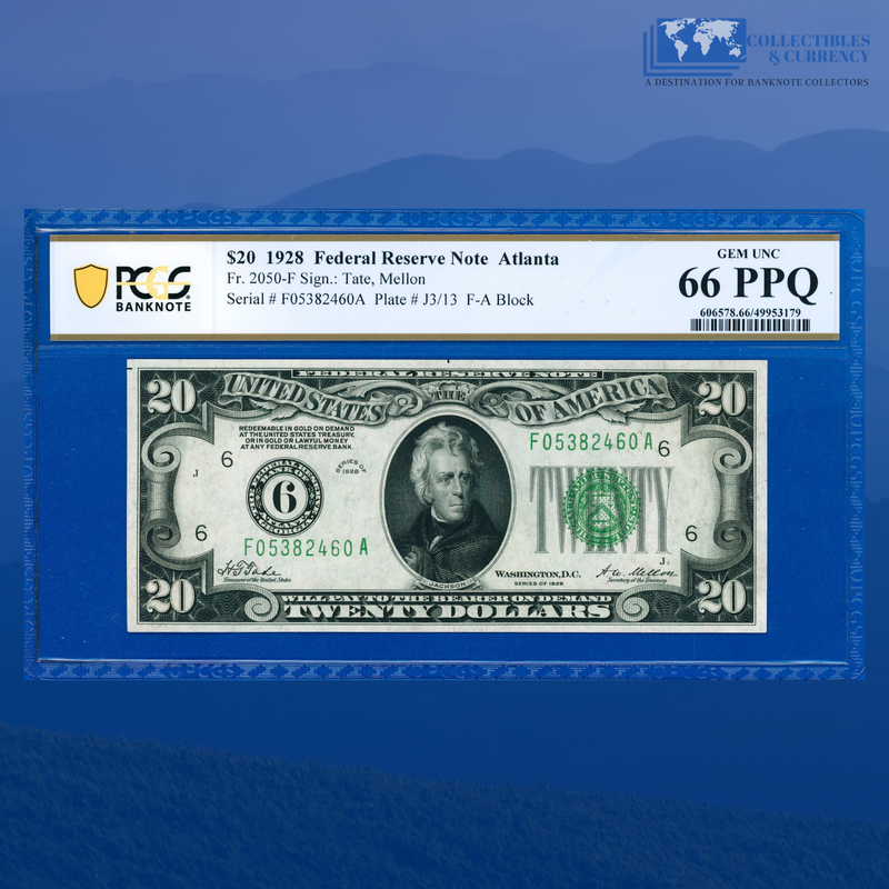 Fr.2050-F 1928 $20 Twenty Dollars Federal Reserve Note Atlanta, PCGS 66 PPQ