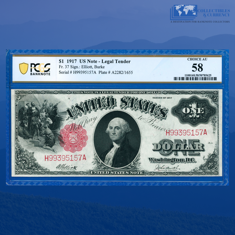 Fr.37 1917 $1 One Dollar "SAWHORSE REVERSE" Legal Tender Note, PCGS 58