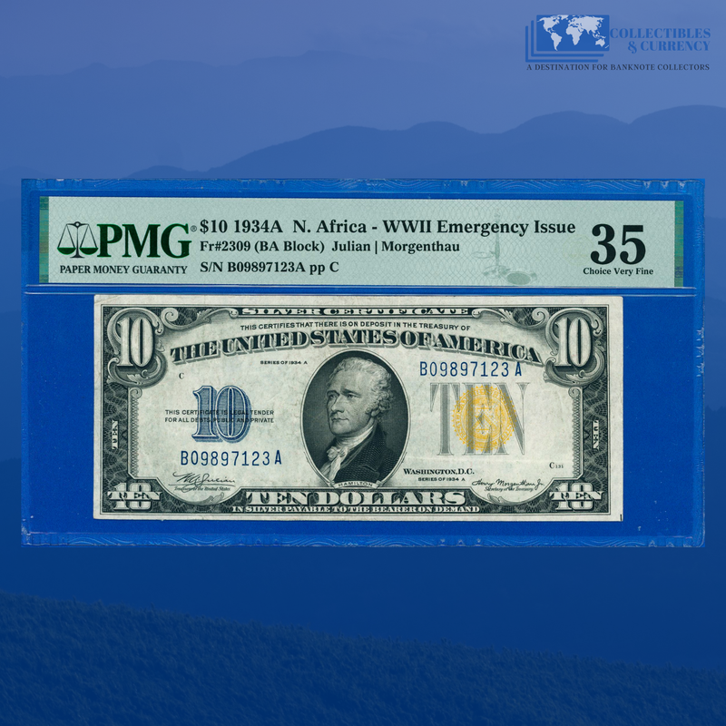 Fr.2309 1934A $10 Silver Certificate Yellow Seal "North Africa", PMG 35