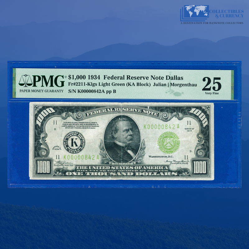 Fr.2211-K 1934 $1000 One Thousand Dollars FRN Dallas, Three Digits, PMG 25 Comment