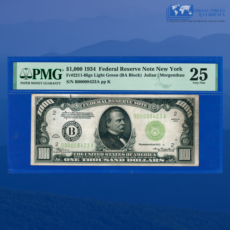 Fr.2211-B 1934 $1000 One Thousand Dollars FRN New York, PMG 25 Comment