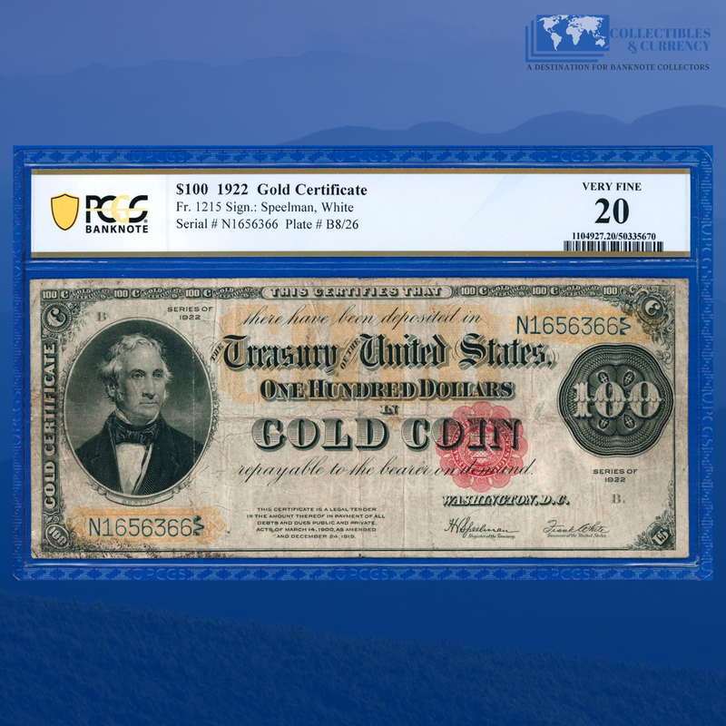 Fr.1215 1922 $100 One Hundred Dollars Gold Certificate, PCGS 20