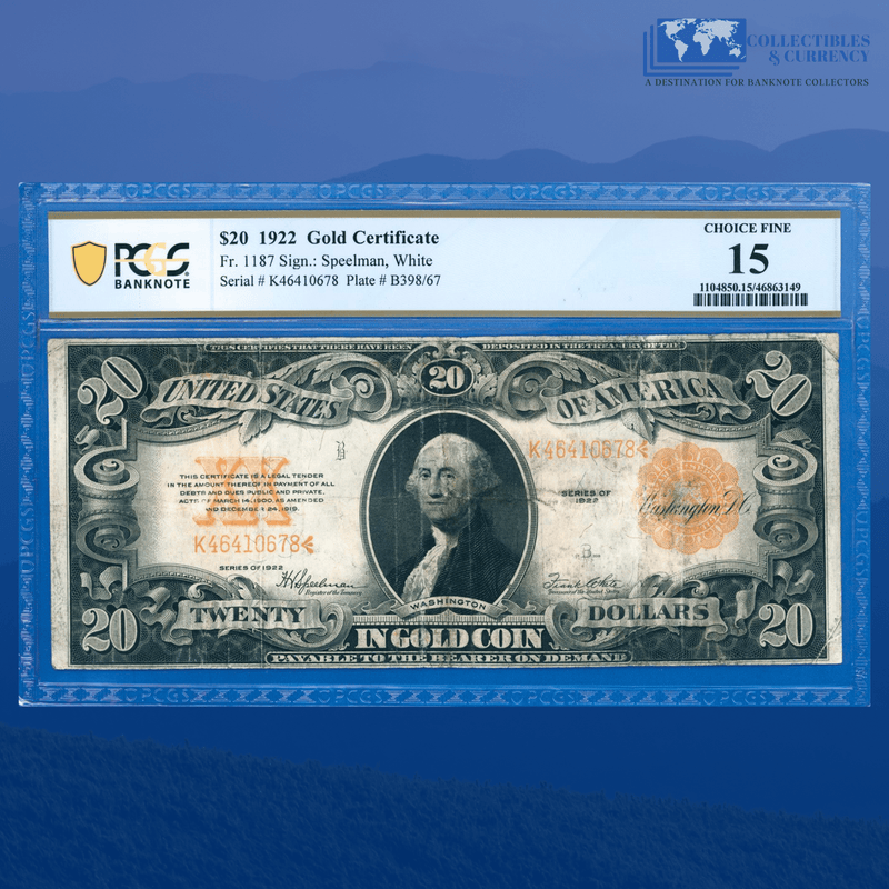 Fr.1187 1922 $20 Twenty Dollars Gold Certificate, PCGS 15