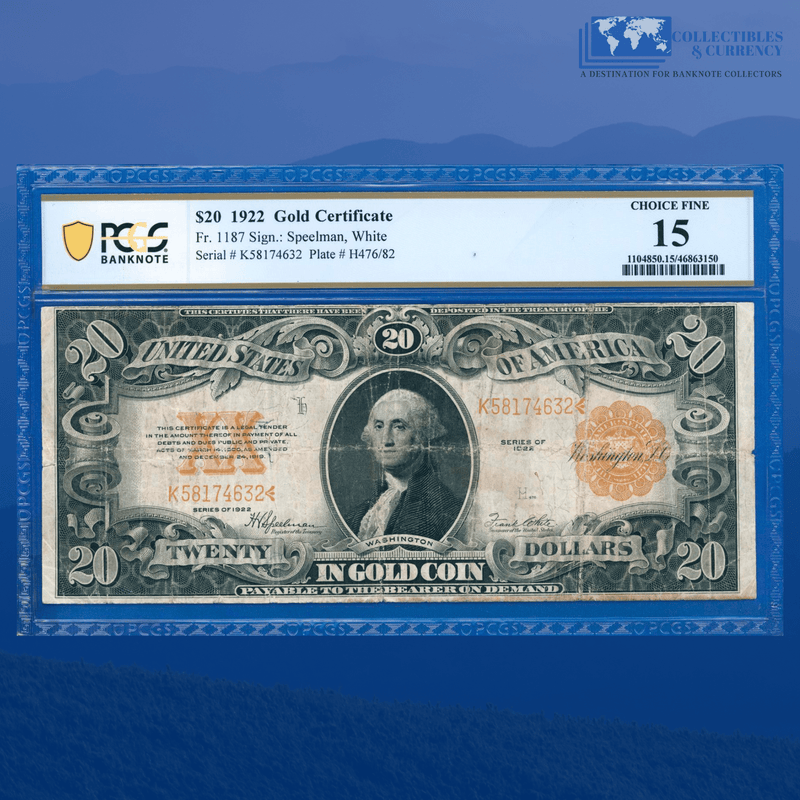 Fr.1187 1922 $20 Twenty Dollars Gold Certificate, PCGS 15