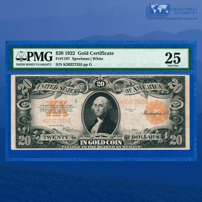 Fr.1187 1922 $20 Twenty Dollars Gold Certificate, PMG 25