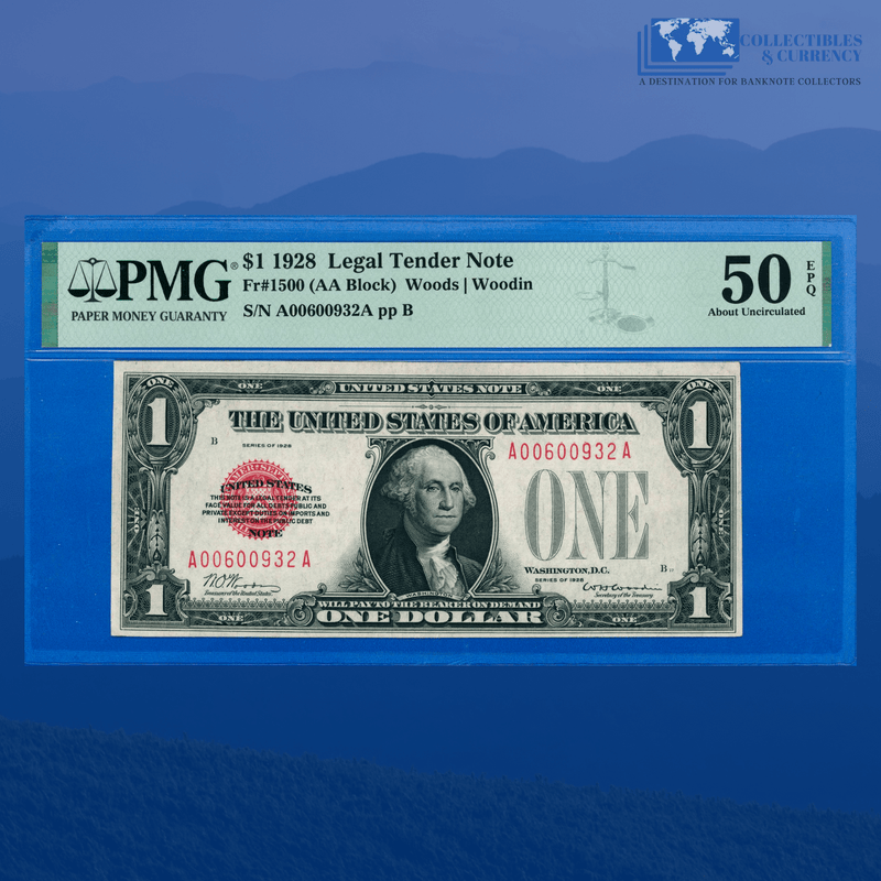 Fr.1500 1928 $1 One Dollar Bill "FUNNYBACK" Legal Tender Note, PMG 50 EPQ
