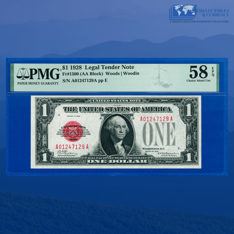 Fr.1500 1928 $1 One Dollar Bill "FUNNYBACK" Legal Tender Note, PMG 58 EPQ