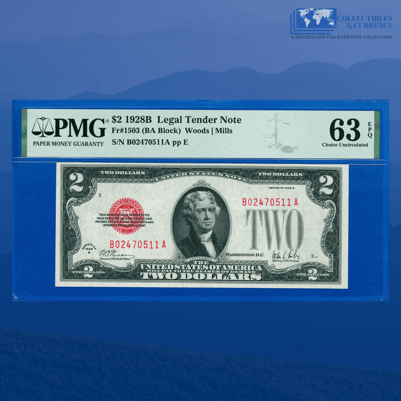 Fr.1503 1928B $2 Two Dollars Legal Tender Note Key Date, PMG 63 EPQ