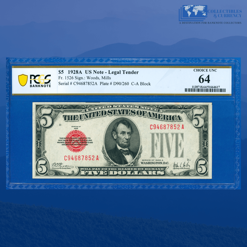 Fr.1526 1928A $5 Five Dollars Legal Tender Note, C/A Block, PCGS 64