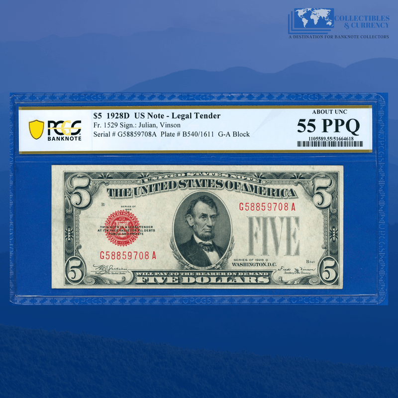 Fr.1529 1928D $5 Five Dollars Legal Tender Note, C/A Block, PCGS 58 PPQ