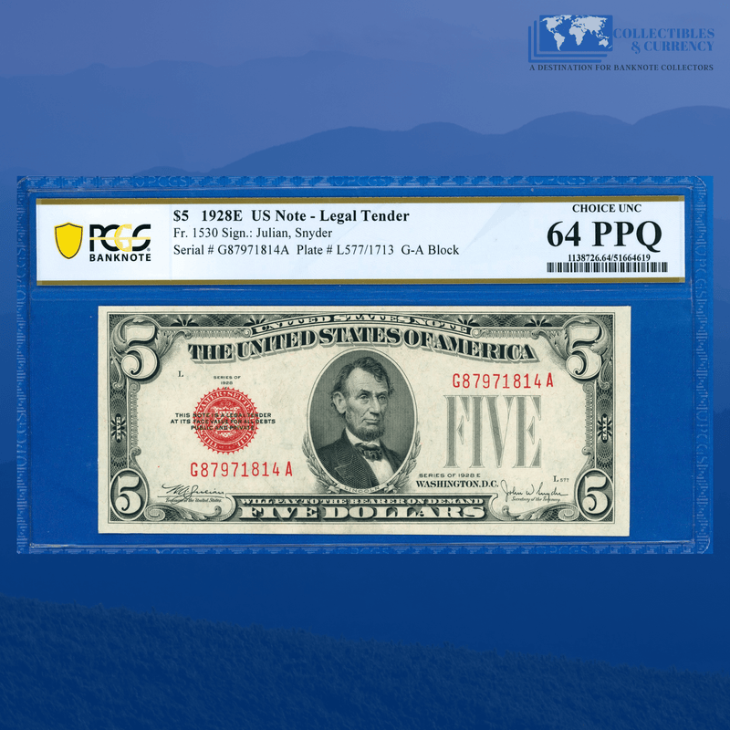 Fr.1530 1928E $5 Five Dollars Legal Tender Note, G/A Block, PCGS 64 PPQ