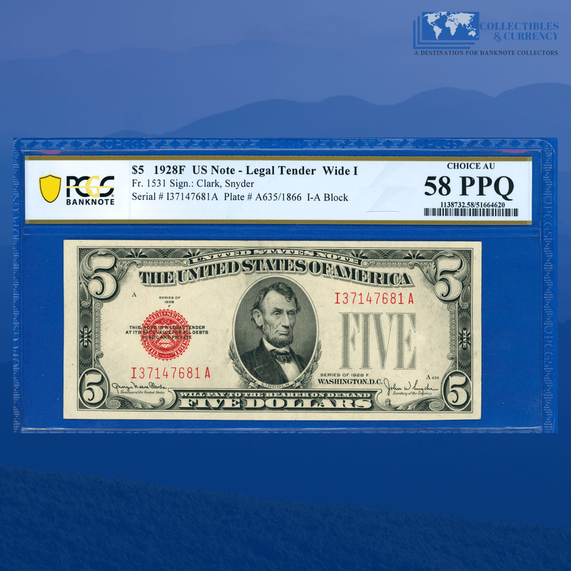 Fr.1531 1928F $5 Five Dollars Legal Tender Note, I/A Block, PCGS 58 PPQ