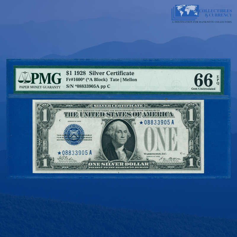 Fr.1600 1928 $1 One Dollar Silver Certificate "FUNNYBACK", Star Note, PMG 66 EPQ