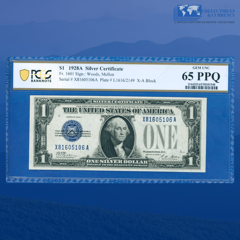 Fr.1602 1928B $1 One Dollar Silver Certificate "FUNNYBACK", X/A Block, PCGS 65 PPQ