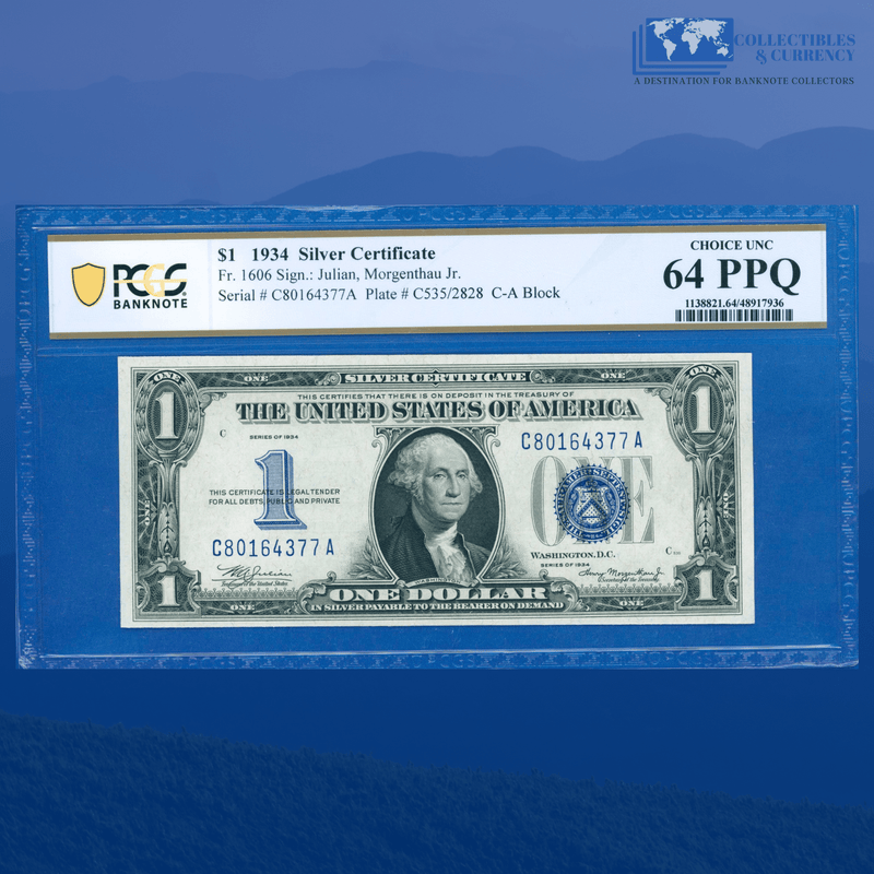 Fr.1606 1934 $1 One Dollar Silver Certificate "FUNNYBACK", C/A Block, PCGS 64 PPQ