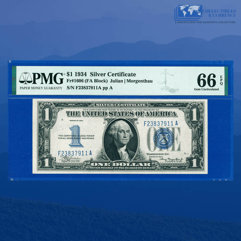 Fr.1606 1934 $1 One Dollar Silver Certificate "FUNNYBACK", F/A Block, PMG 66 EPQ