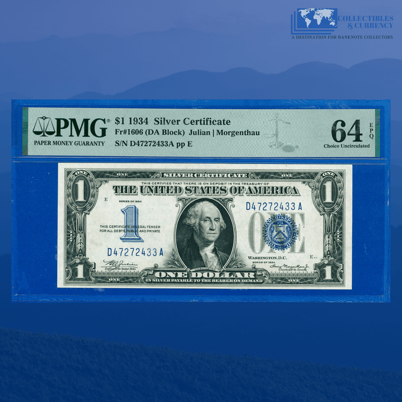 Fr.1606 1934 $1 Silver Certificate "FUNNYBACK", D/A Block, PMG 64 EPQ