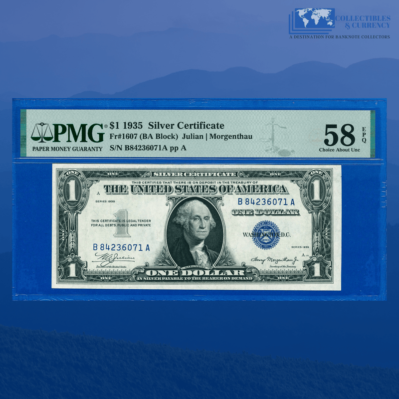 Fr.1607 1935 Plain Double Date $1 Silver Certificate, B/A Block, PMG 58 EPQ