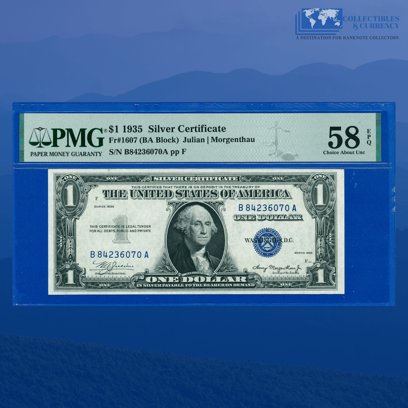 Fr.1607 1935 Plain Double Date $1 Silver Certificate, B/A Block, PMG 58 EPQ